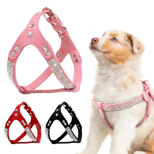 Arnés de cuero de ante suave para cachorros, chaleco de Gato con diamantes de imitación, arneses para Cachorro para perros pequeños y medianos, Chihuahua, rosa