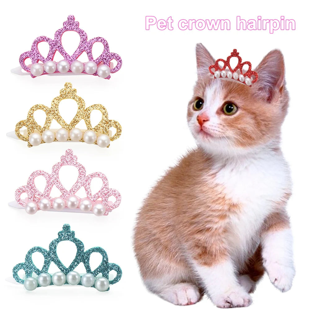 Pinzas para el pelo para perros pequeños y gatos, perlas de imitación en forma de corona, lazos, decoración para la cabeza, horquillas para cachorros, decoración, accesorios de aseo